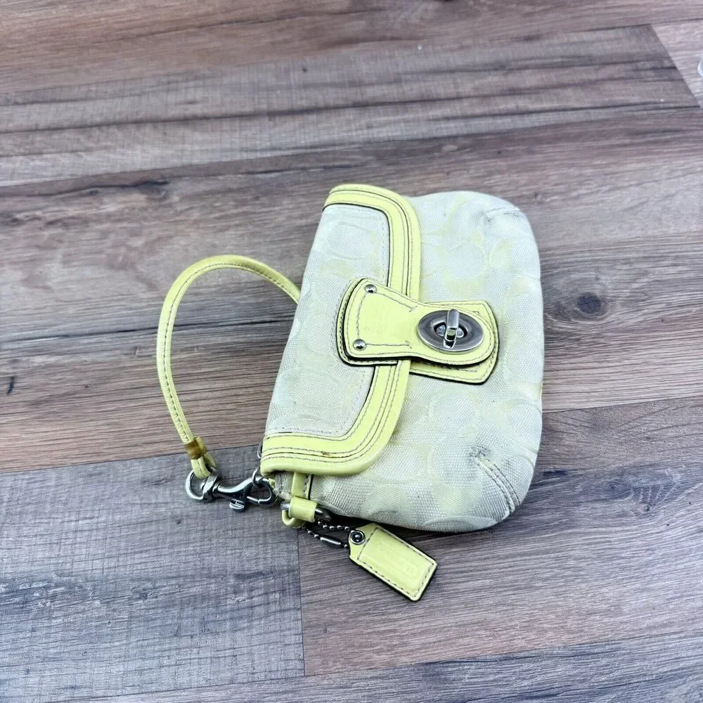 Coach Signature Yellow Canvas Leather Trim Turnlock Wristlet - Coin Wall…